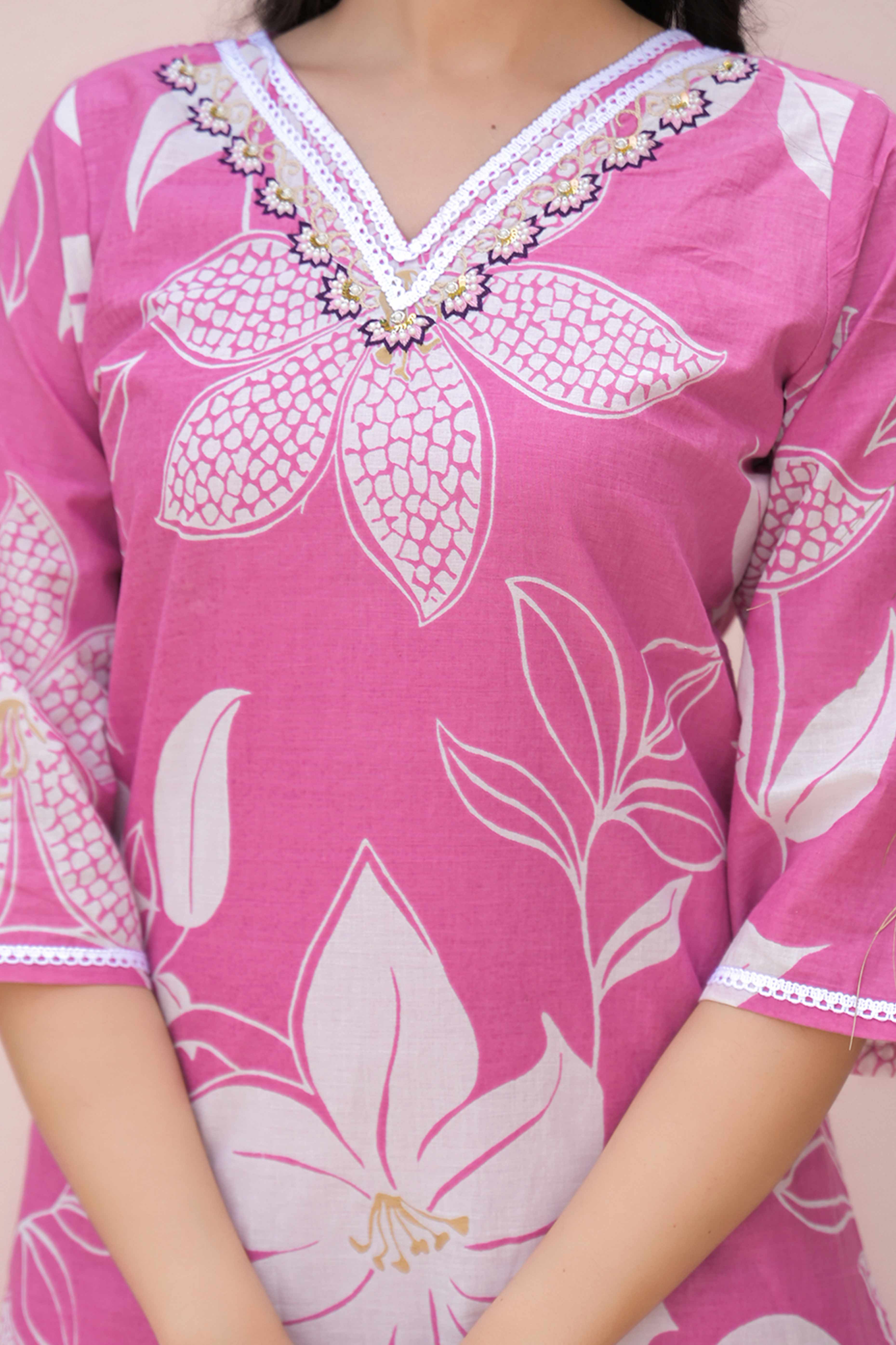 Pink Floral Embroidered Co-Ord Set – Top & Bottom