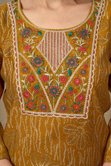 Mustard Bandhani Chanderi Silk Salwar Suit With Embroidered Neckline
