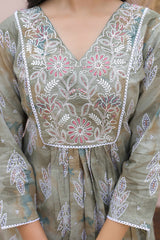 Olive Printed and Embroidered Pure Cotton Salwar Suit in Flattering A-Line Cut