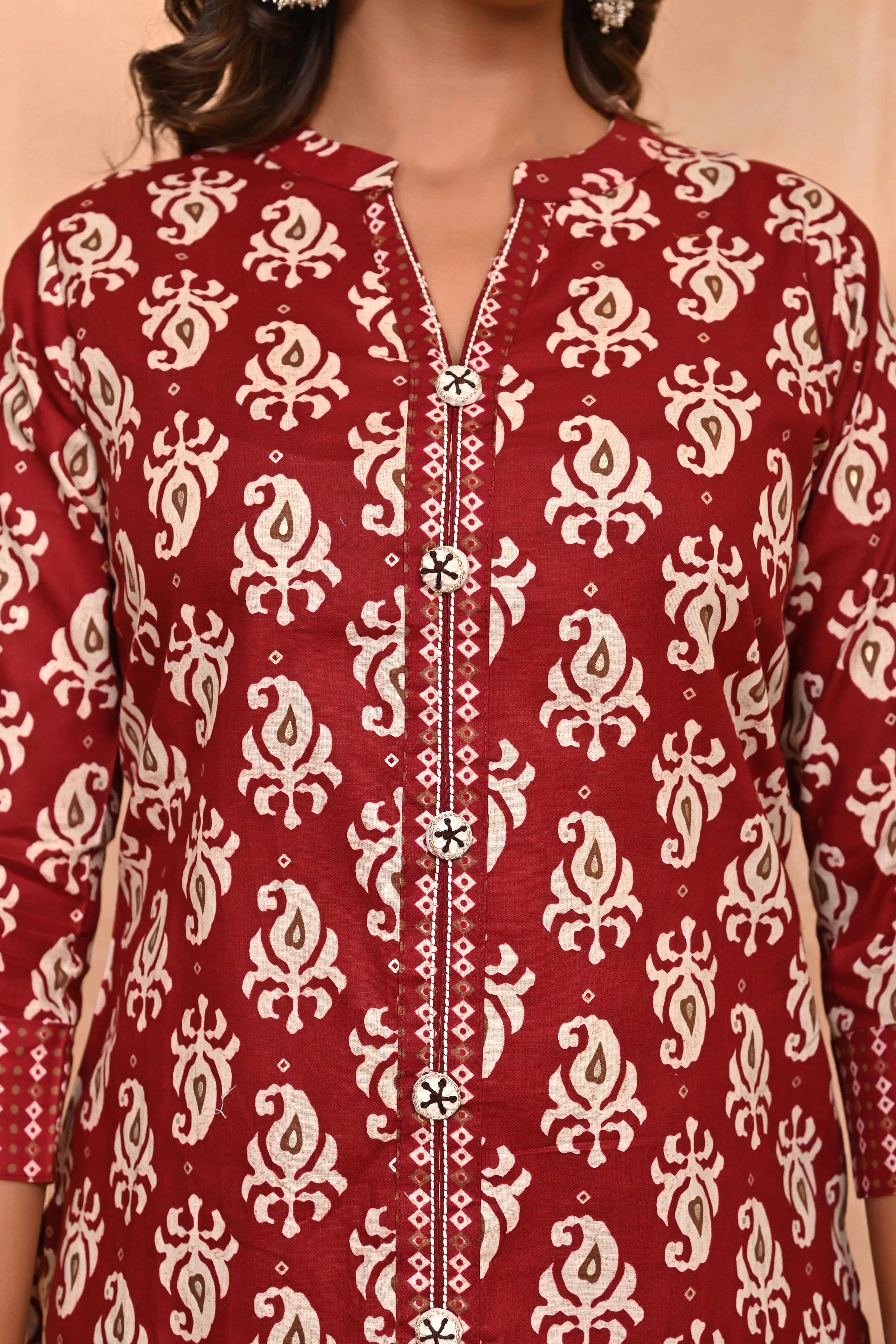 Maroon Floral Printed Salwar Suit in Pure Cotton with Modern Front Slit Styling