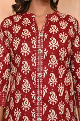 Maroon Floral Printed Salwar Suit in Pure Cotton with Modern Front Slit Styling