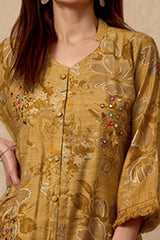 Mustard Floral Print Cotton Co-Ord Set with Mirror Work Detailing