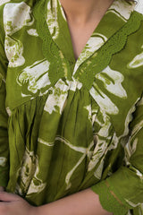 Green Floral Printed Rayon Co-Ord Set with Embroidered Neckline – Comfortable & Stylish