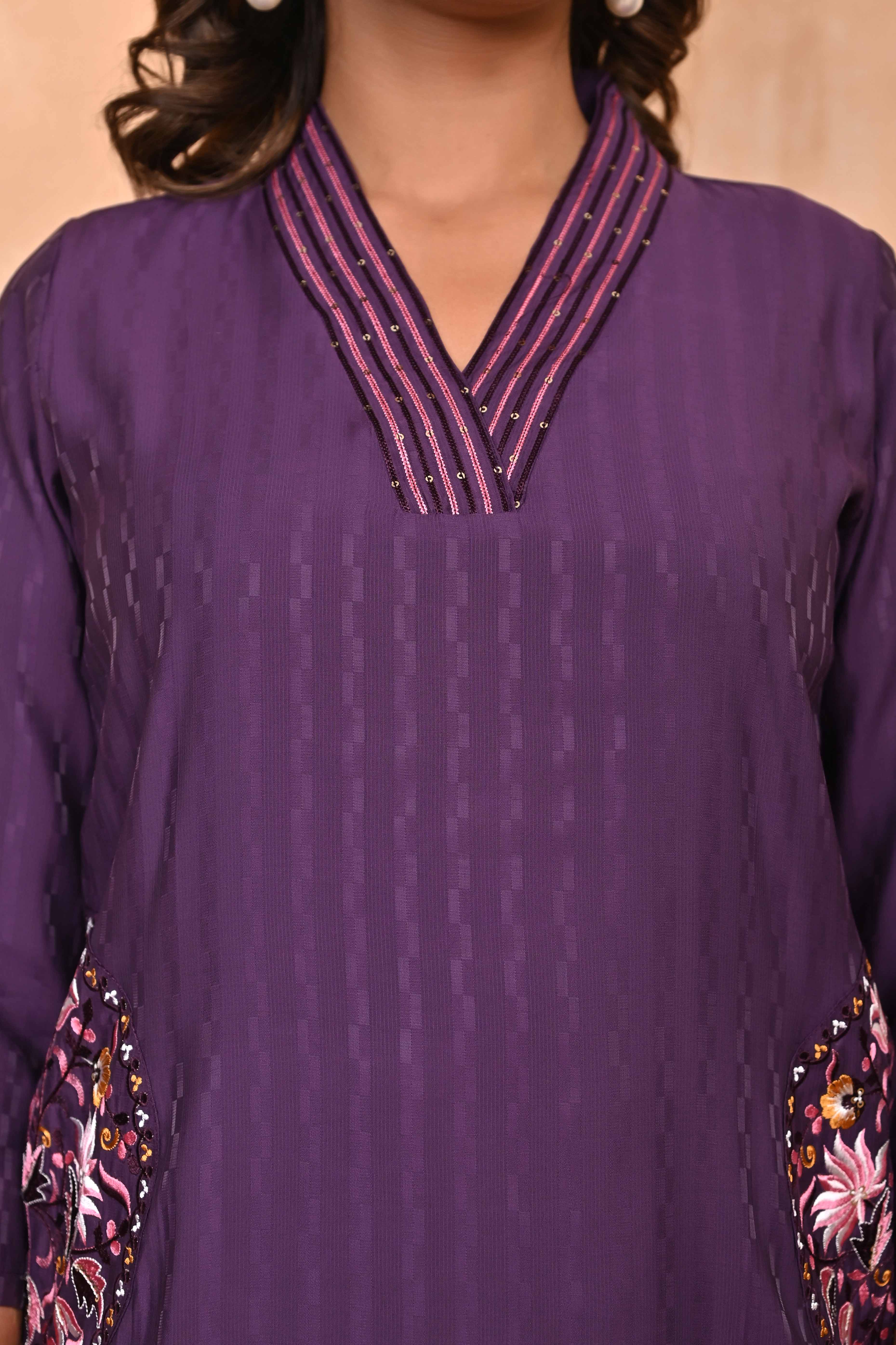 Wine-Colored Poly Viscose Co-Ord Set with Thread Embroidery & Sequin Work – Elegant & Comfortable Wear