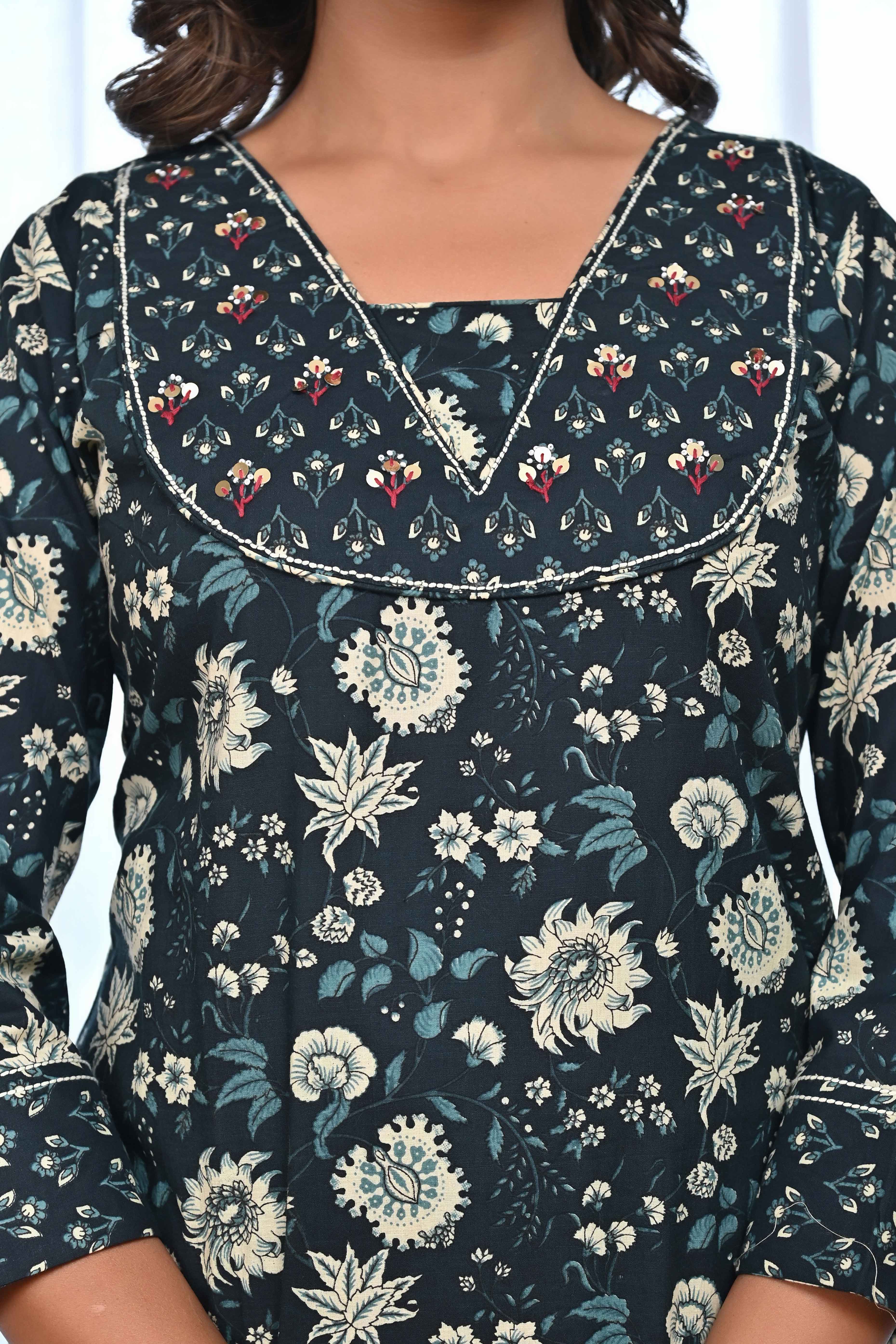 Dark Teal Blue Floral Printed Salwar Suit Adorned With Delicate Sequin Work On Pure Cotton