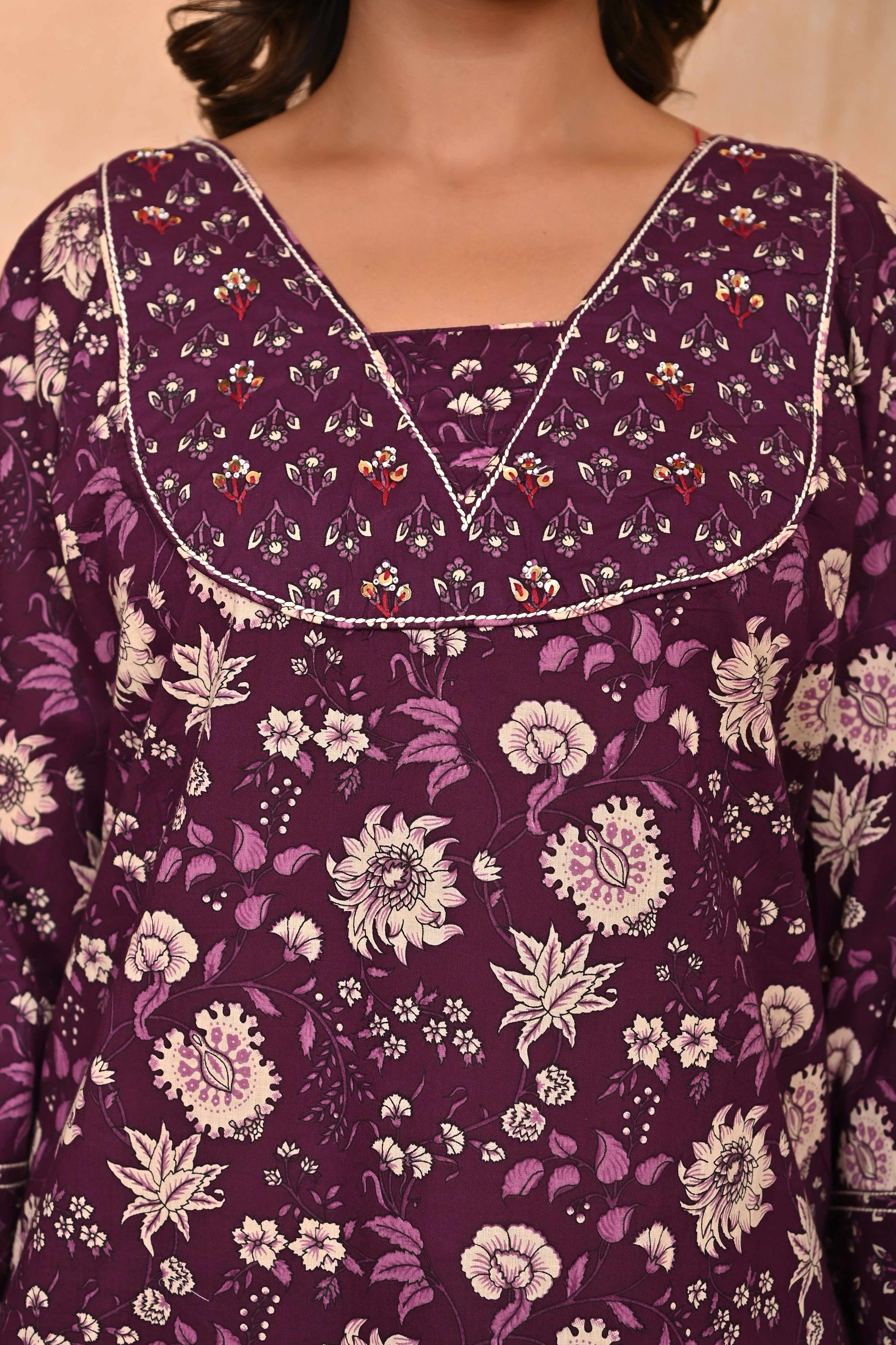 Elegant Wine Floral Printed Salwar Suit With Intricate Sequin Embellishment On Pure Cotton