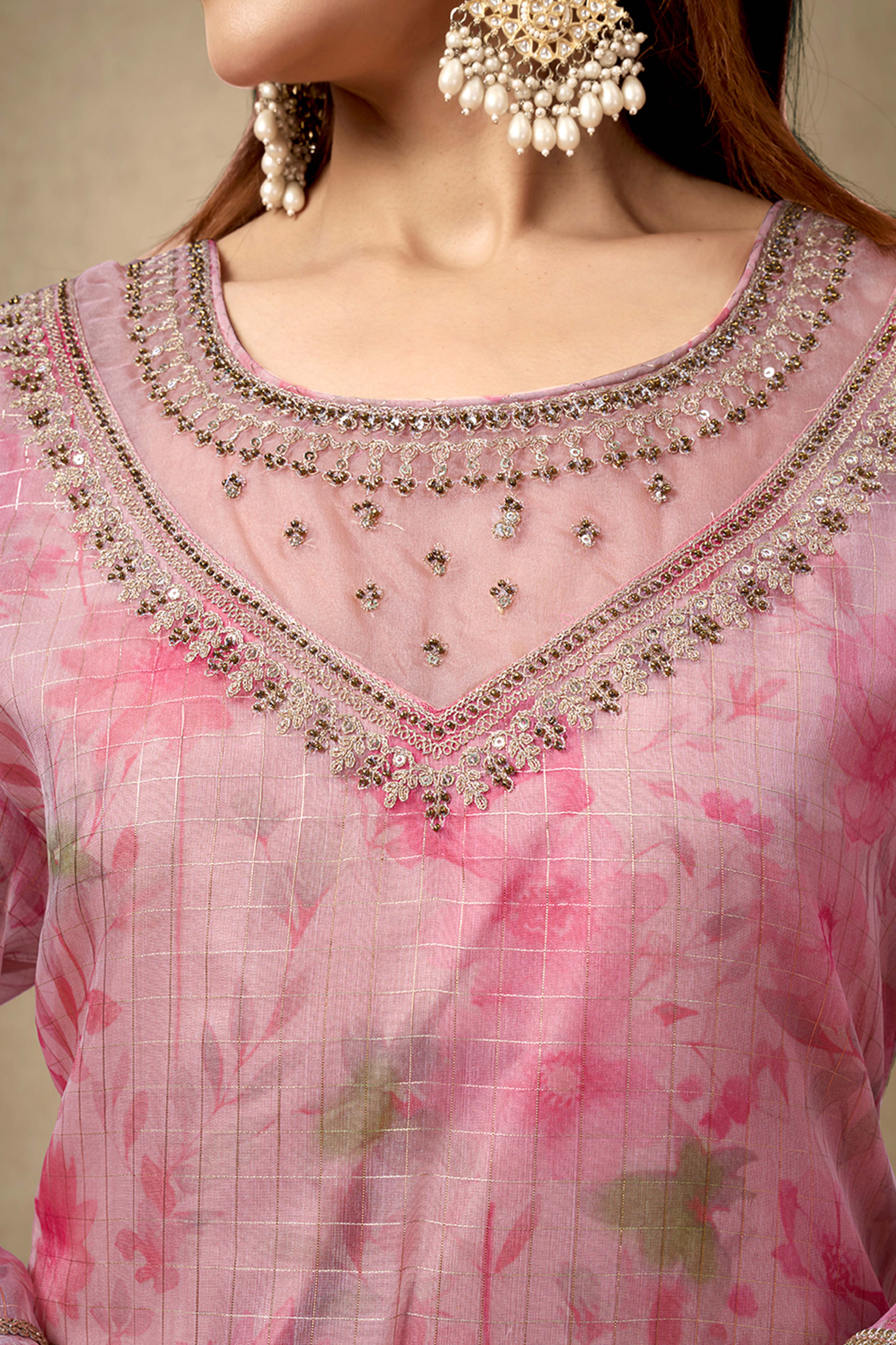 Light Peach Floral Print With Zari Weaving Work Organza Straight Salwar Suit