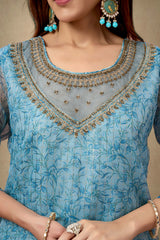 Light Sky Blue Floral Print With Zari Weaving Work Organza Straight Salwar Suit