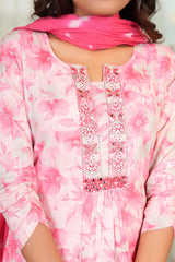 Feminine A-Line Salwar Suit in Soft Pink Pure Cotton with Delicate Floral Prints and Embroidery Highlights