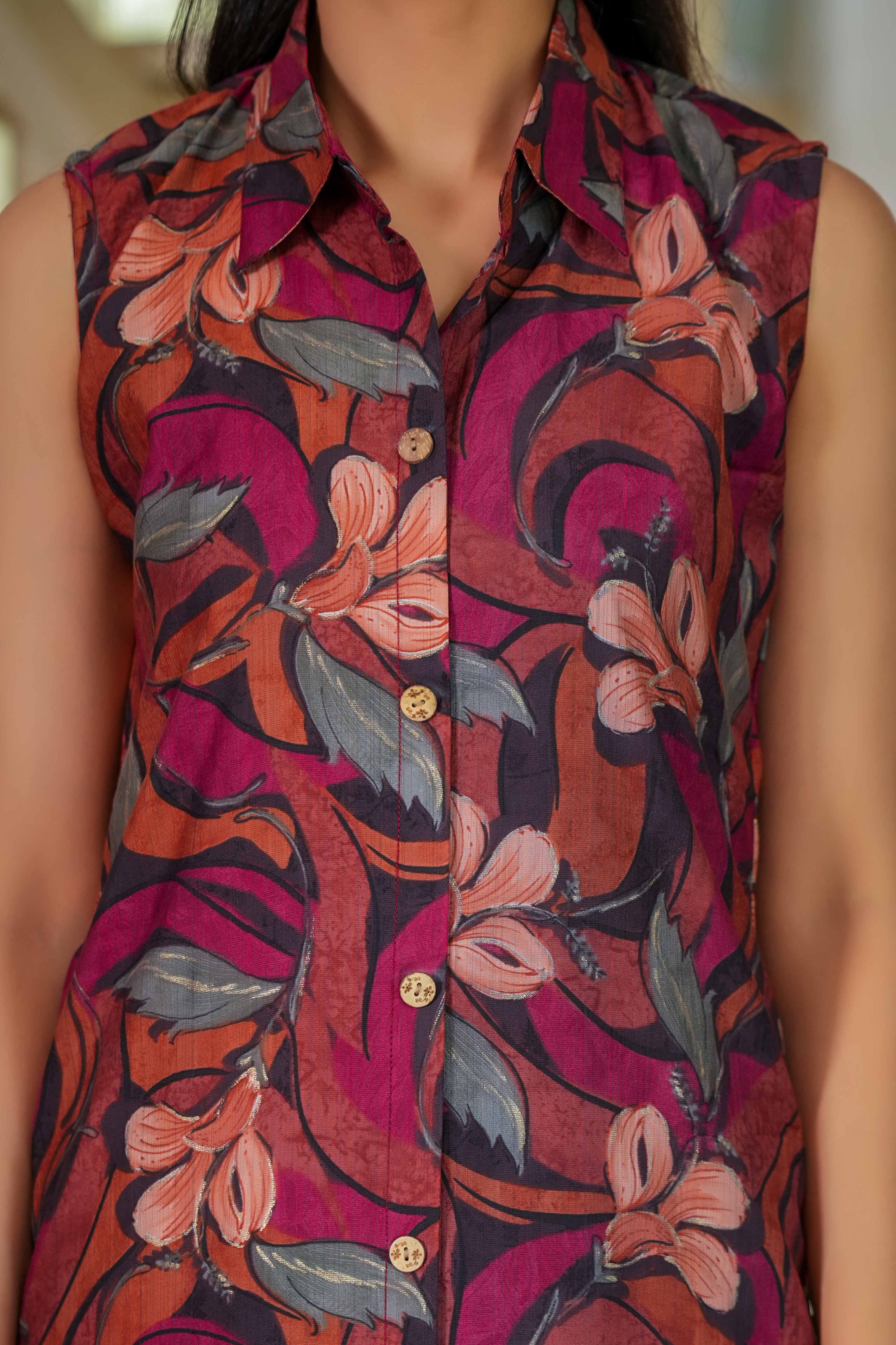 Maroon Floral Print Viscose Blend Co-Ord Set with Shirt Collar – Elegant Casual & Office Wear