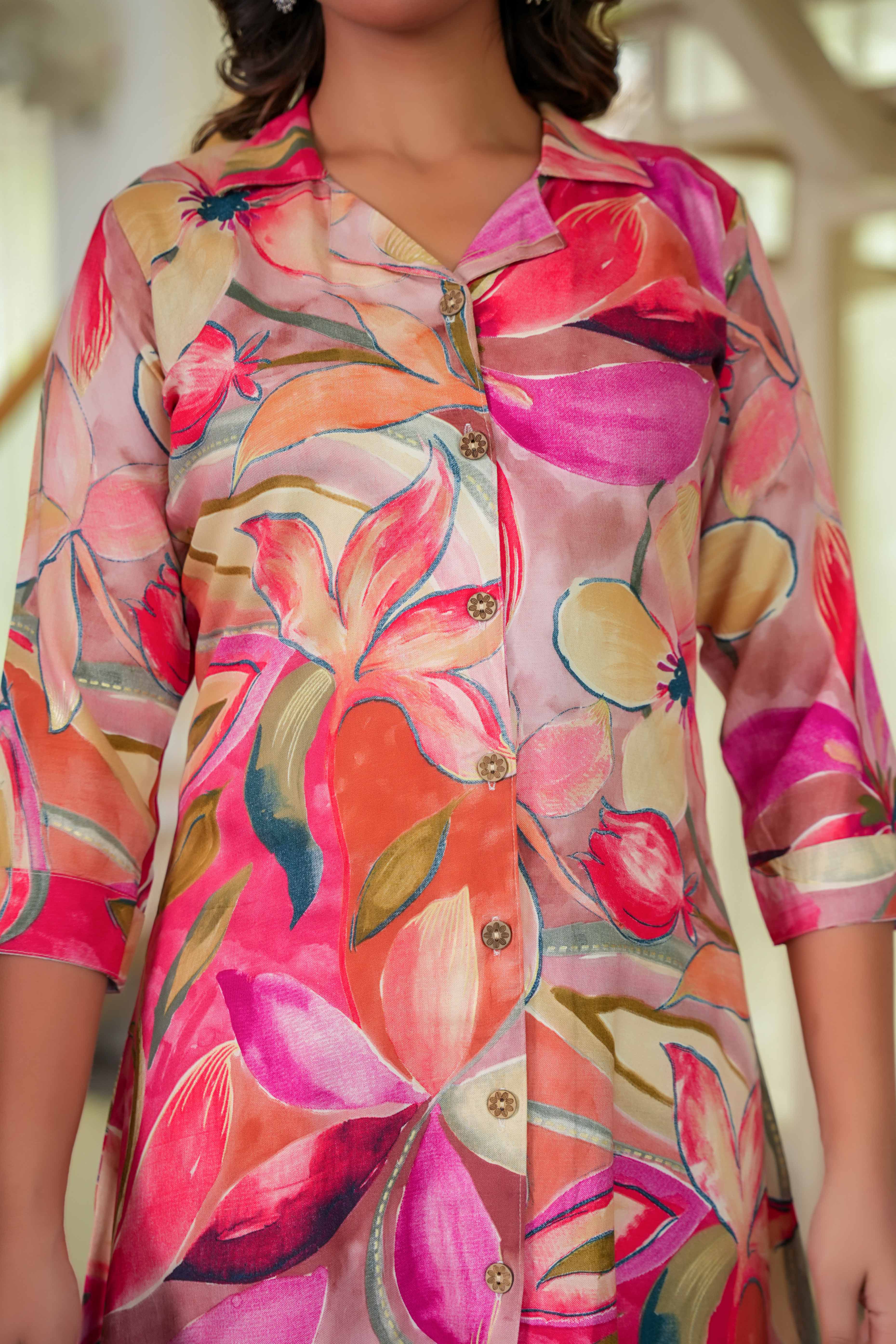 Red Floral Printed Rayon Co-Ord Set – Top & Bottom