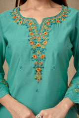 Green Floral Embroidered Straight Salwar Suit Made of Chanderi Silk.