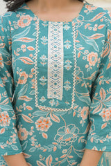 Sea Green Floral Printed With Embroidery Work Cotton Blend Straight Salwar Suit