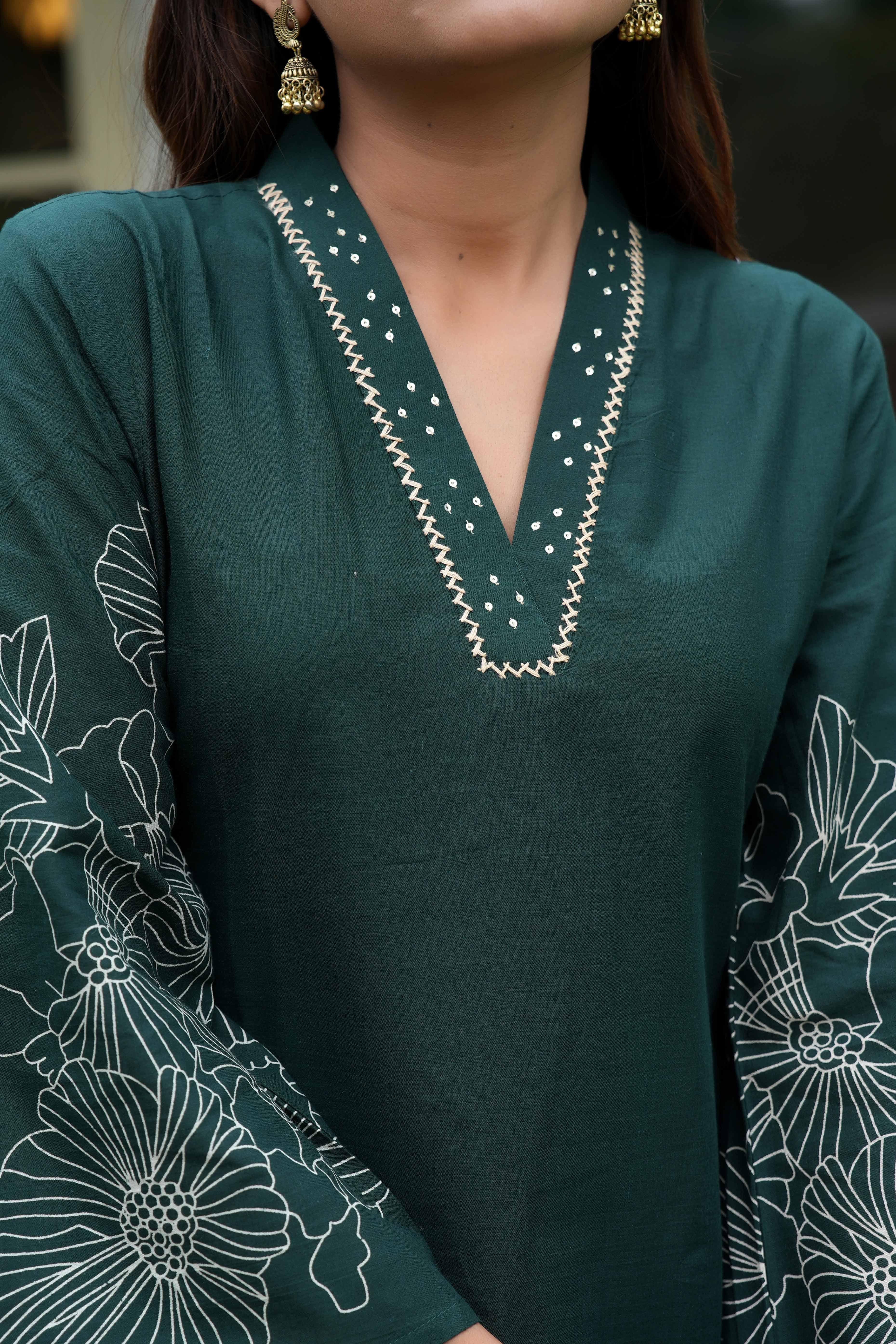 Bottle Green Floral Embroidered Co-Ord Set – Top & Bottom