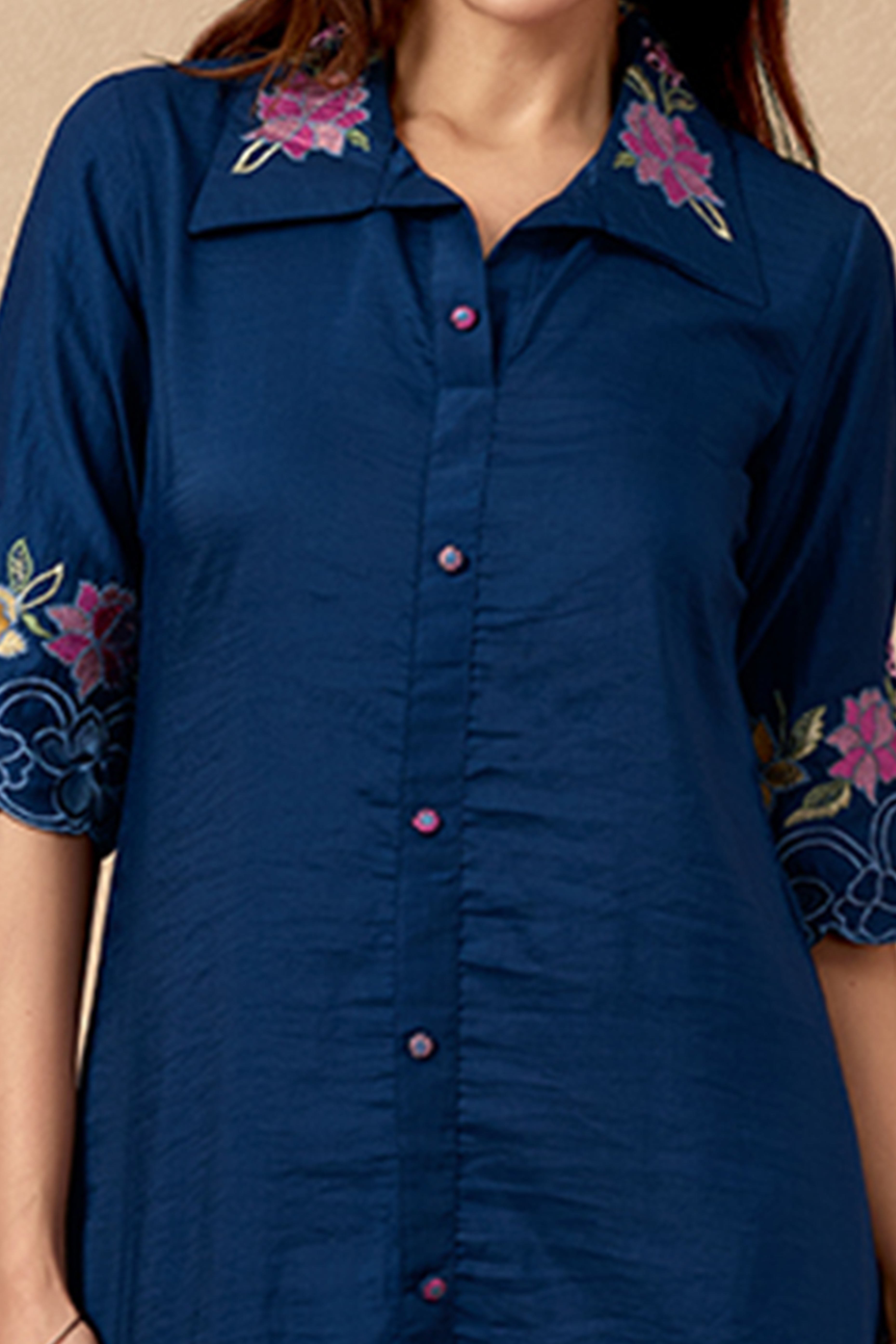 Navy Blue Floral Embroidered Chinon Co-Ord Set – Elegant & Comfortable Occasion Wear