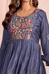 Dark Purple Viscose Chinon Salwar Suit with Handcrafted Floral Embroidery