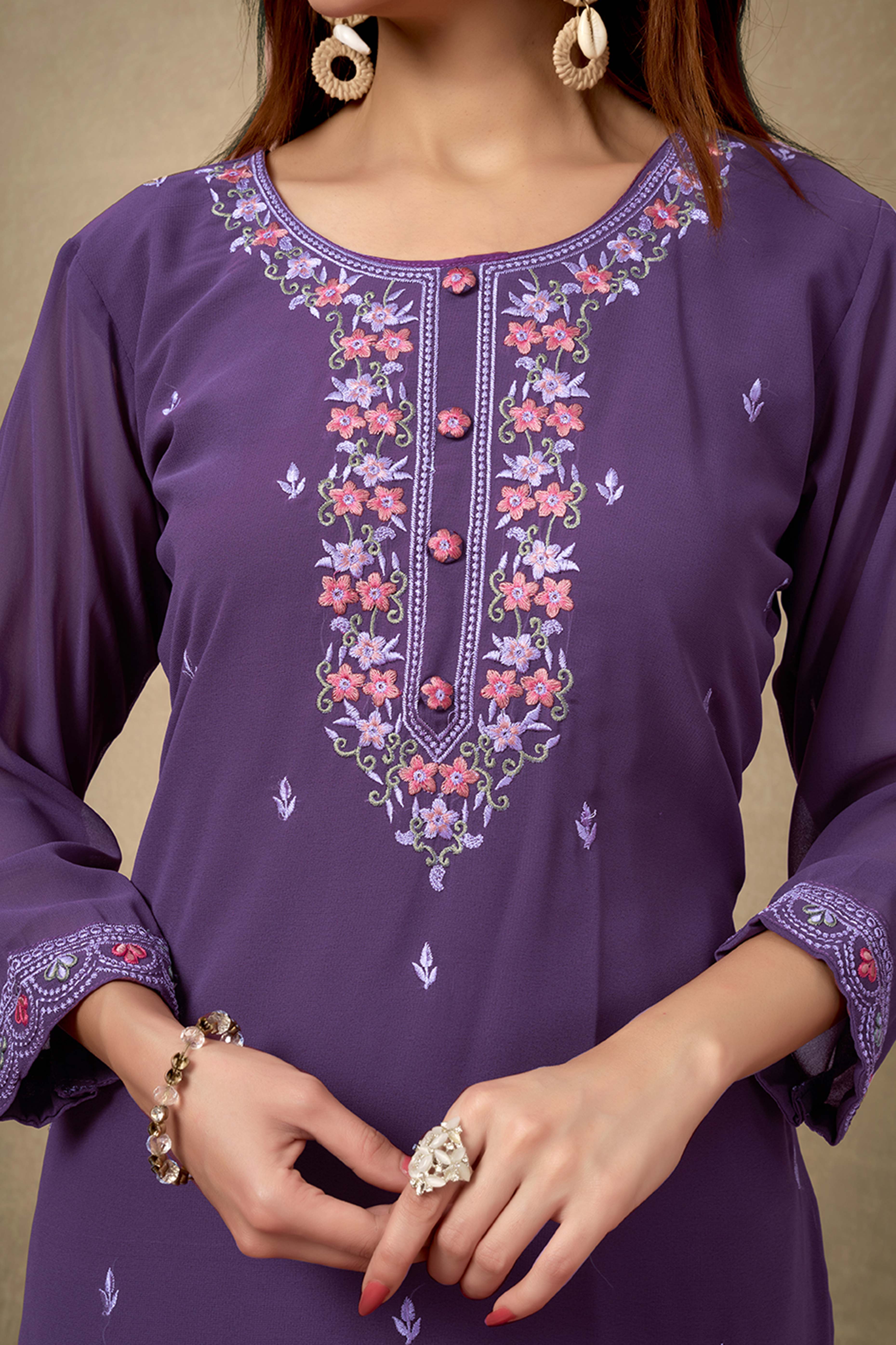 Wine Embroidered Straight Salwar Suit in Heavy Viscose Georgette