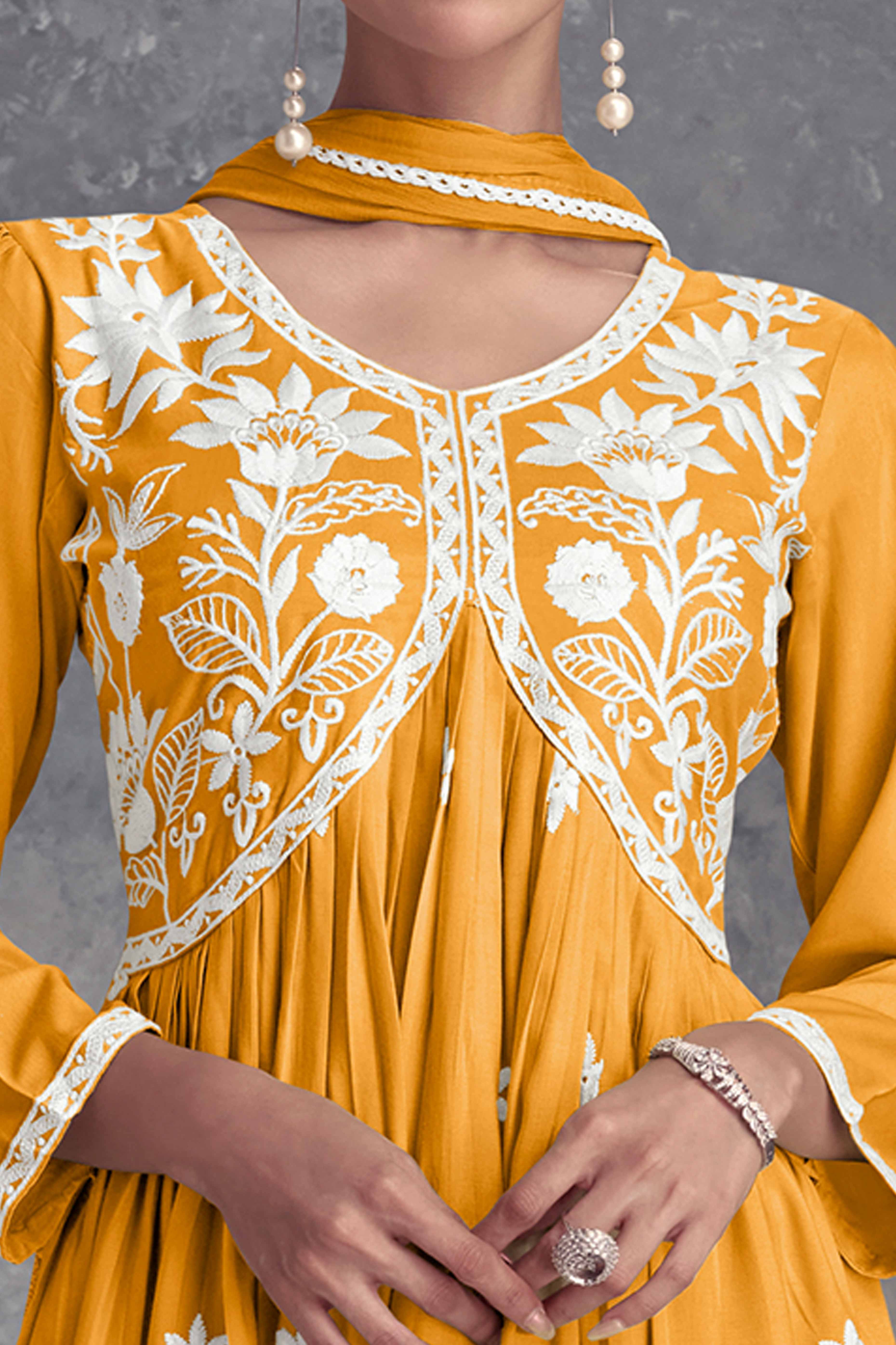 Mustard Rayon Salwar Suit Featuring Beautiful Floral Embroidery