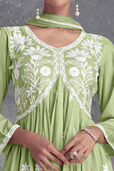 Pista Green Rayon Salwar Suit Featuring Beautiful Floral Embroidery