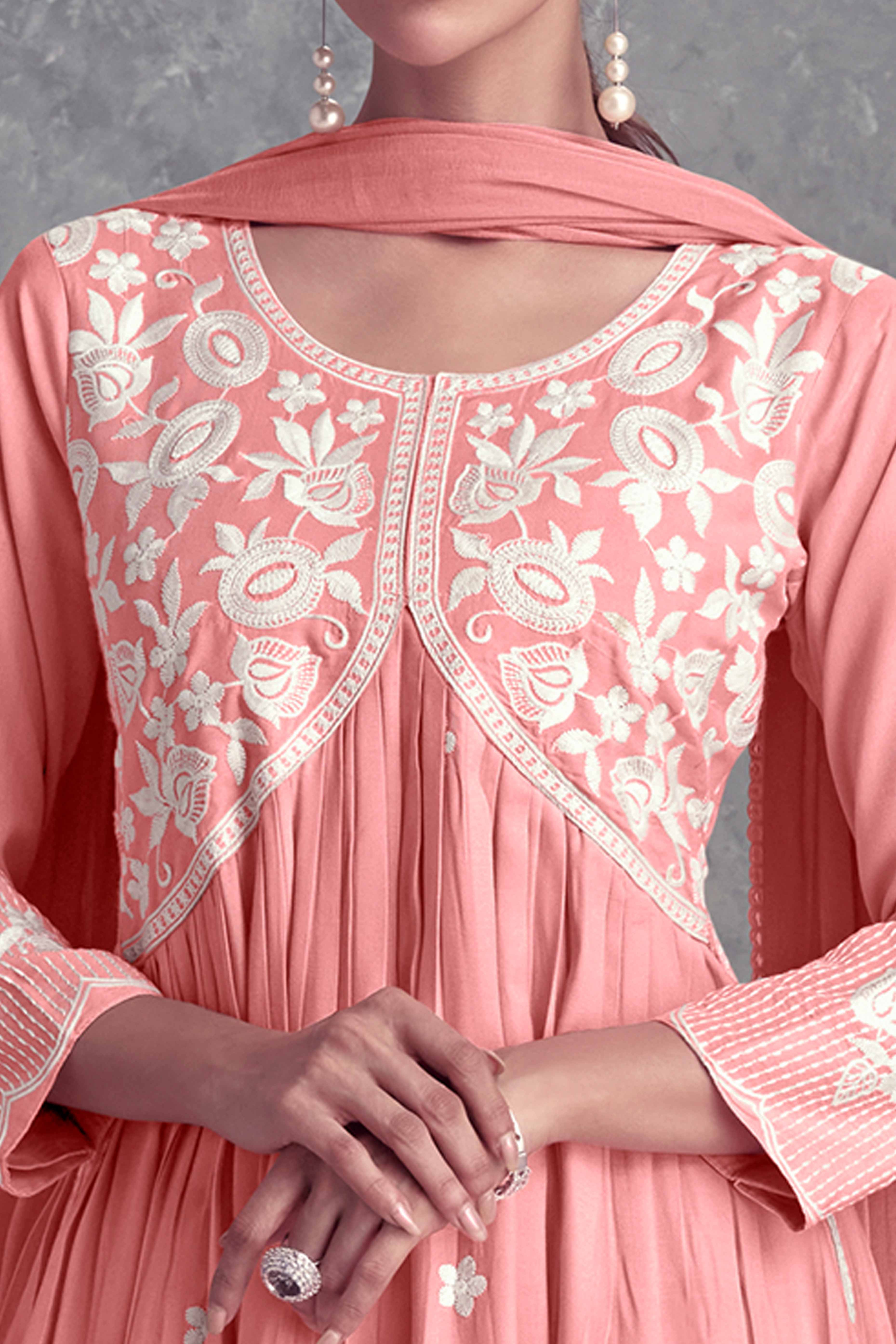 Floral Embroidered Peach Rayon A-Line Salwar Suit