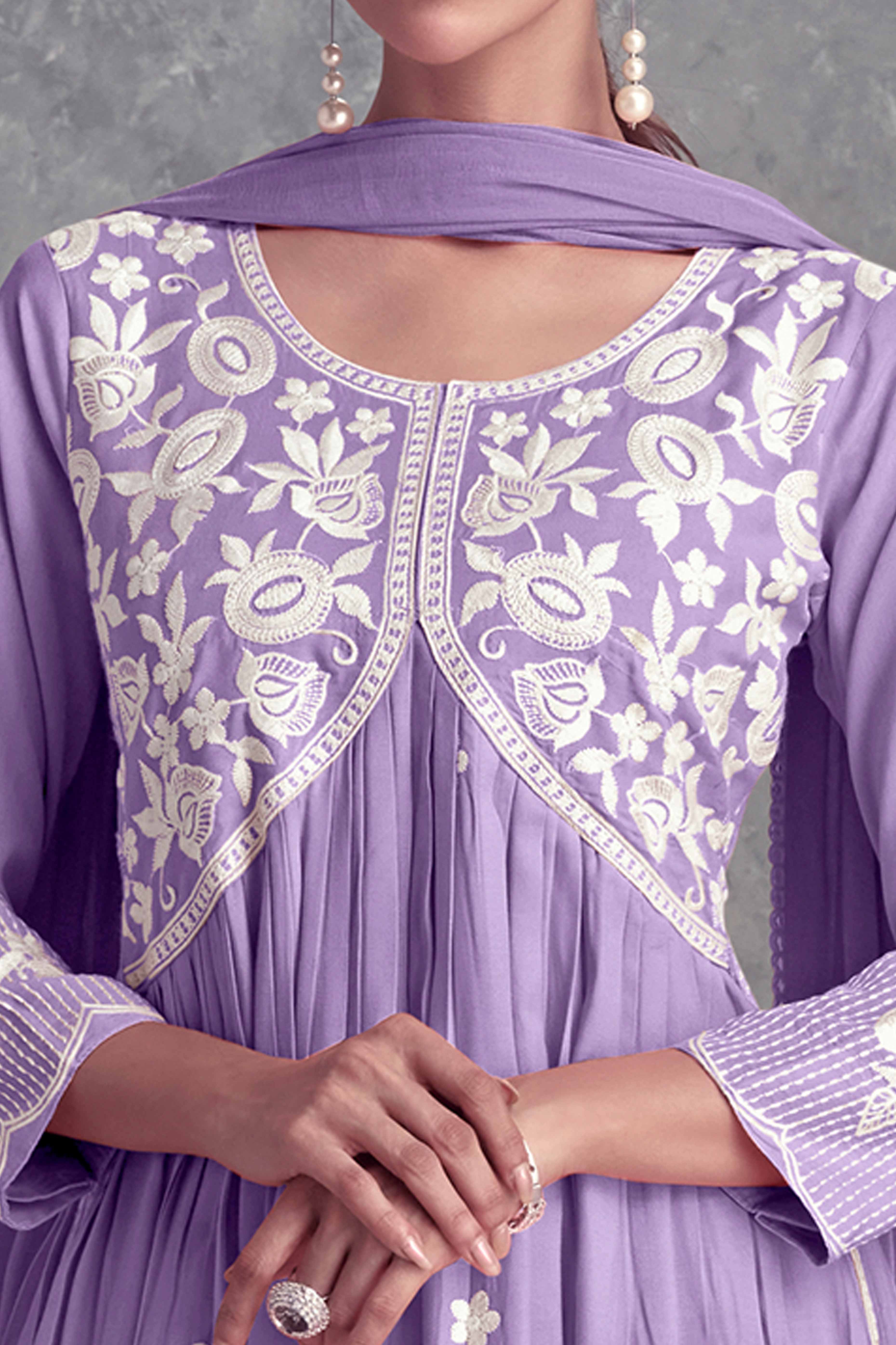 Floral Embroidered Lavender Rayon A-Line Salwar Suit