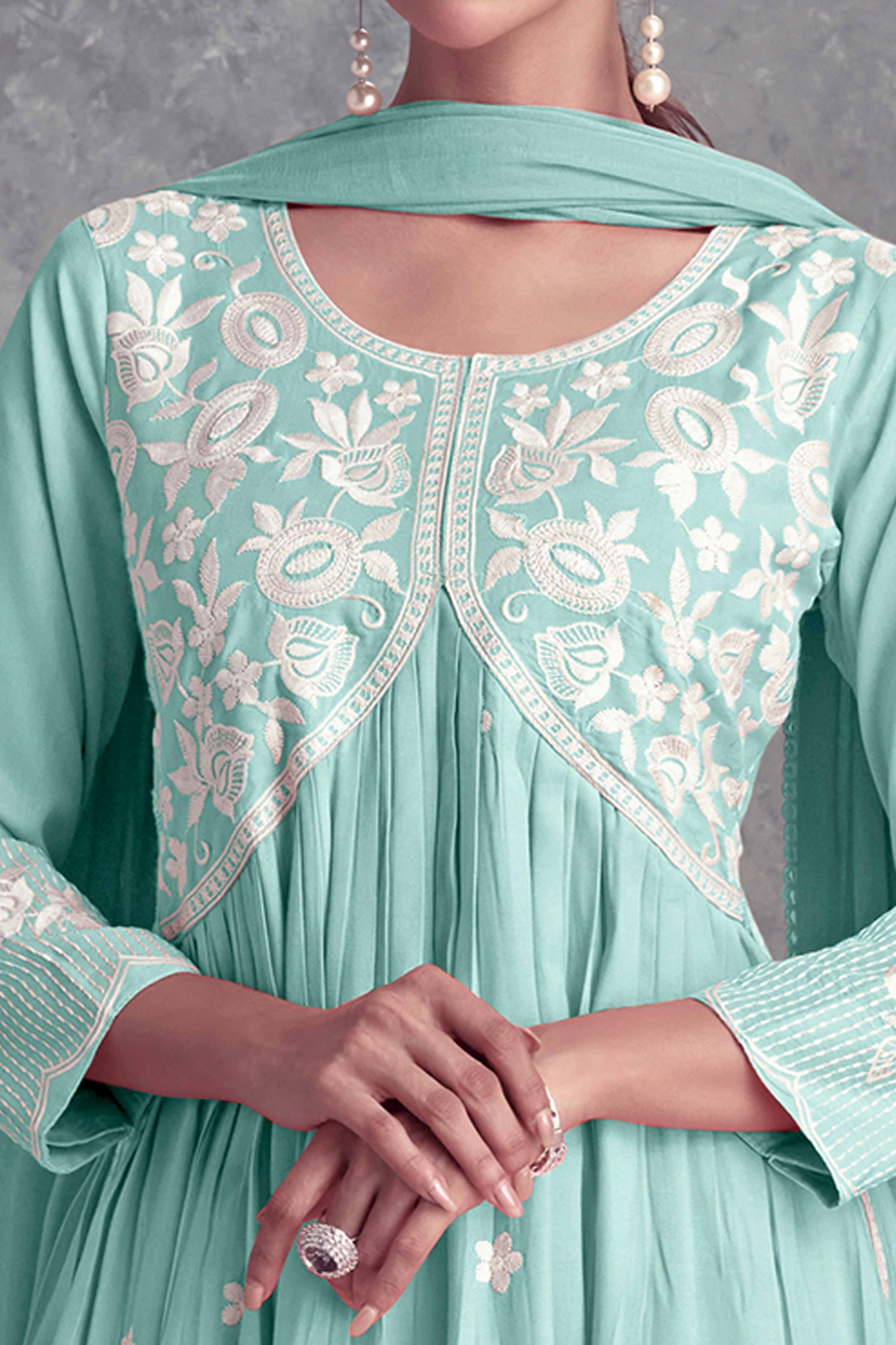 Floral Embroidered Mint Green Rayon A-Line Salwar Suit