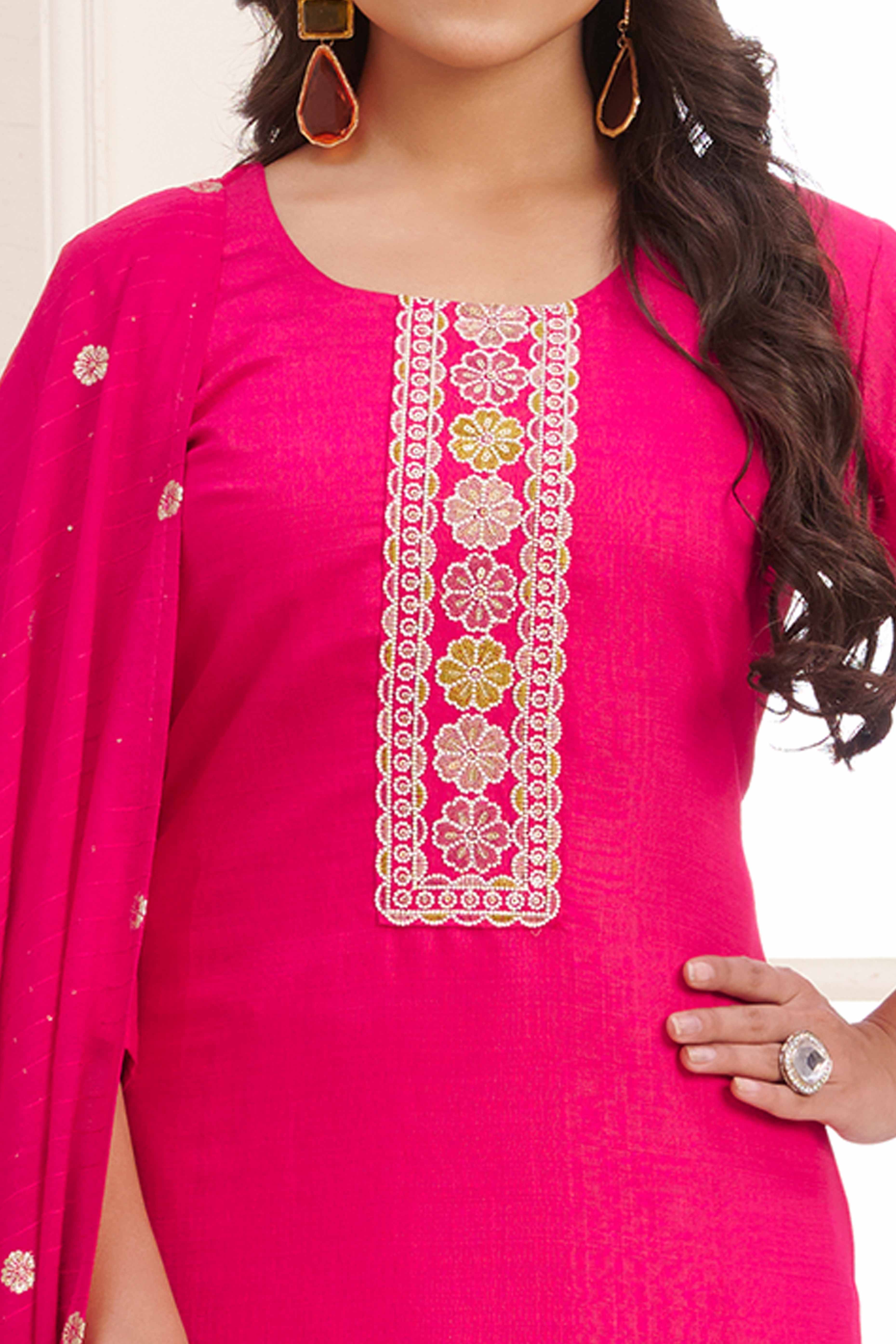 Pink Floral Embroidered Straight Salwar Suit in Viscose Vertican Silk