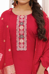 Crimson Red Floral Embroidered Straight Salwar Suit in Viscose Vertican Silk