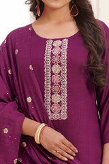 Purple Floral Embroidered Straight Salwar Suit in Viscose Vertican Silk