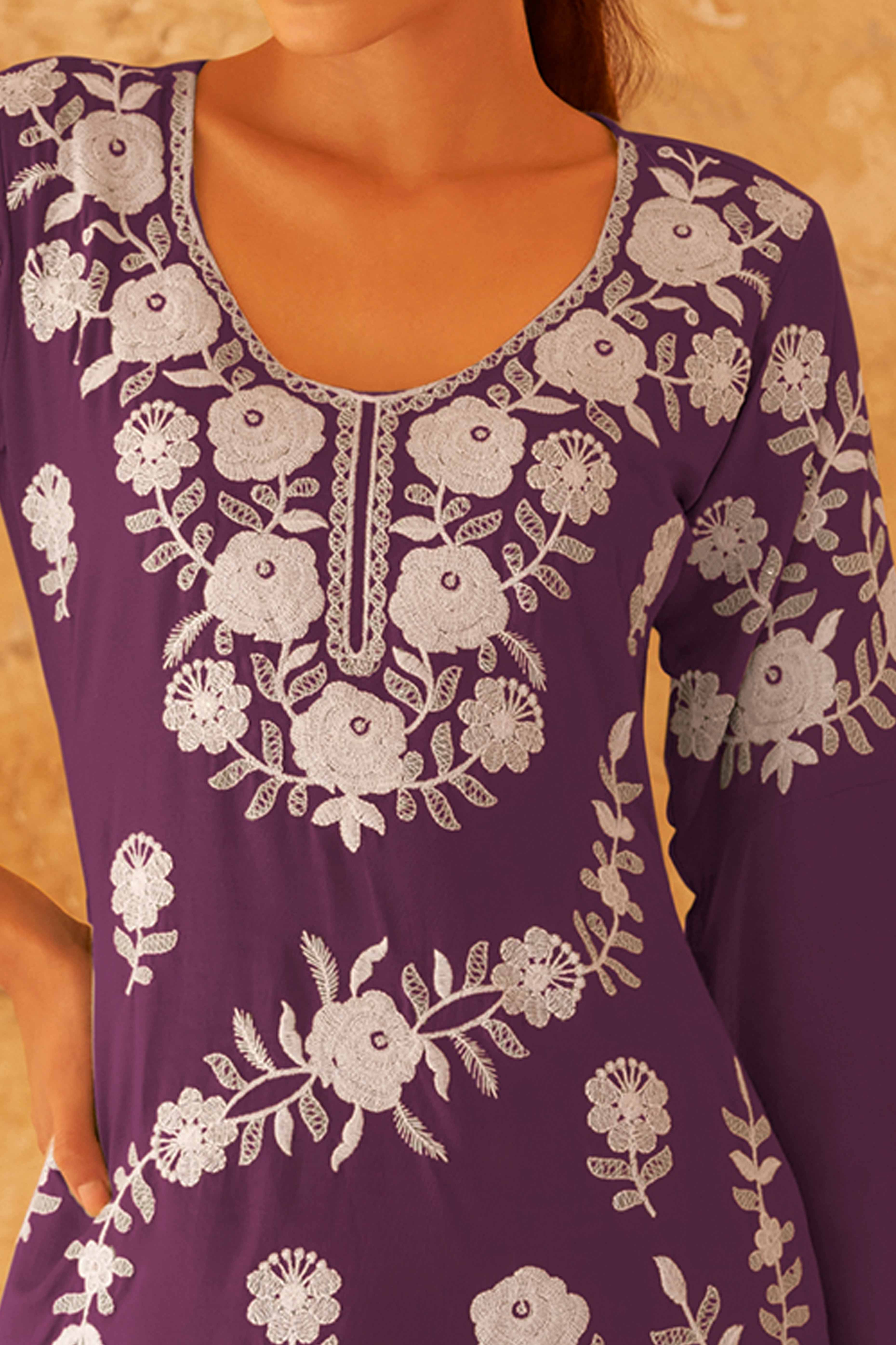 Deep Purple Floral Embroidered Rayon Co-Ord Set – Elegant & Comfortable Everyday Wear