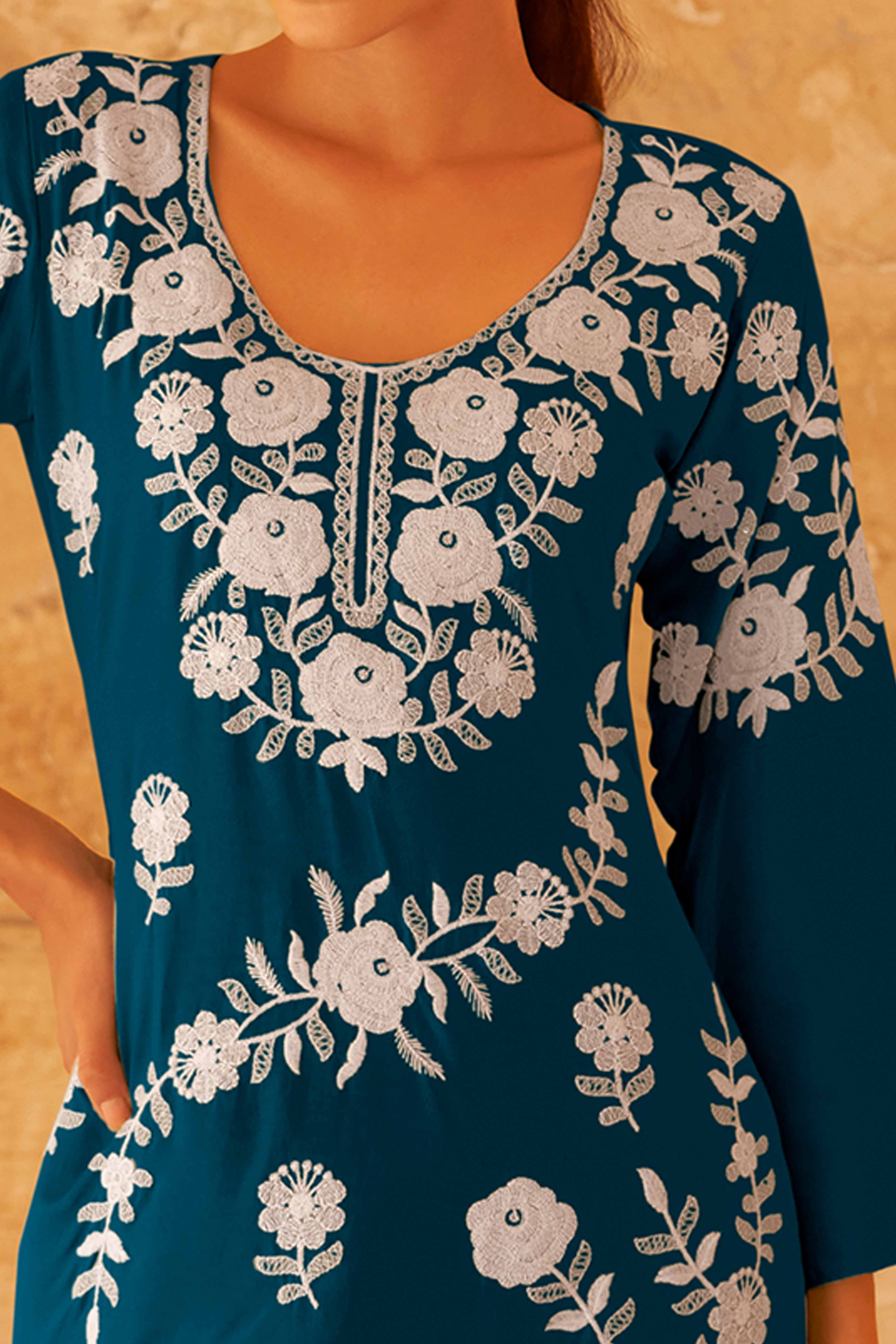 Teal Floral Embroidered Rayon Co-Ord Set – Top & Bottom