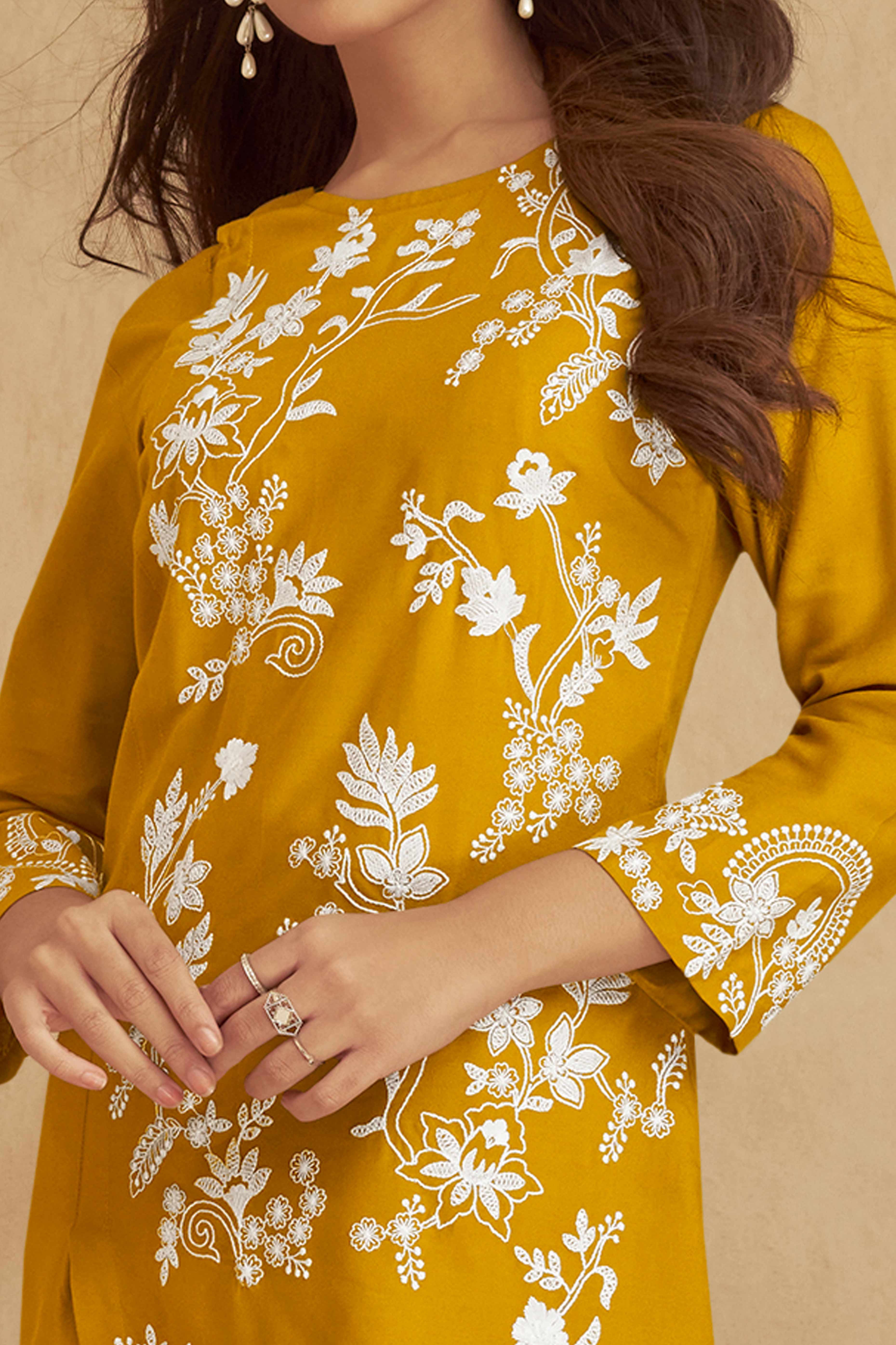 Mustard Floral Embroidered Rayon Co-Ord Set – Elegant & Comfortable Everyday Wear