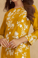 Mustard Floral Embroidered Rayon Co-Ord Set – Elegant & Comfortable Everyday Wear