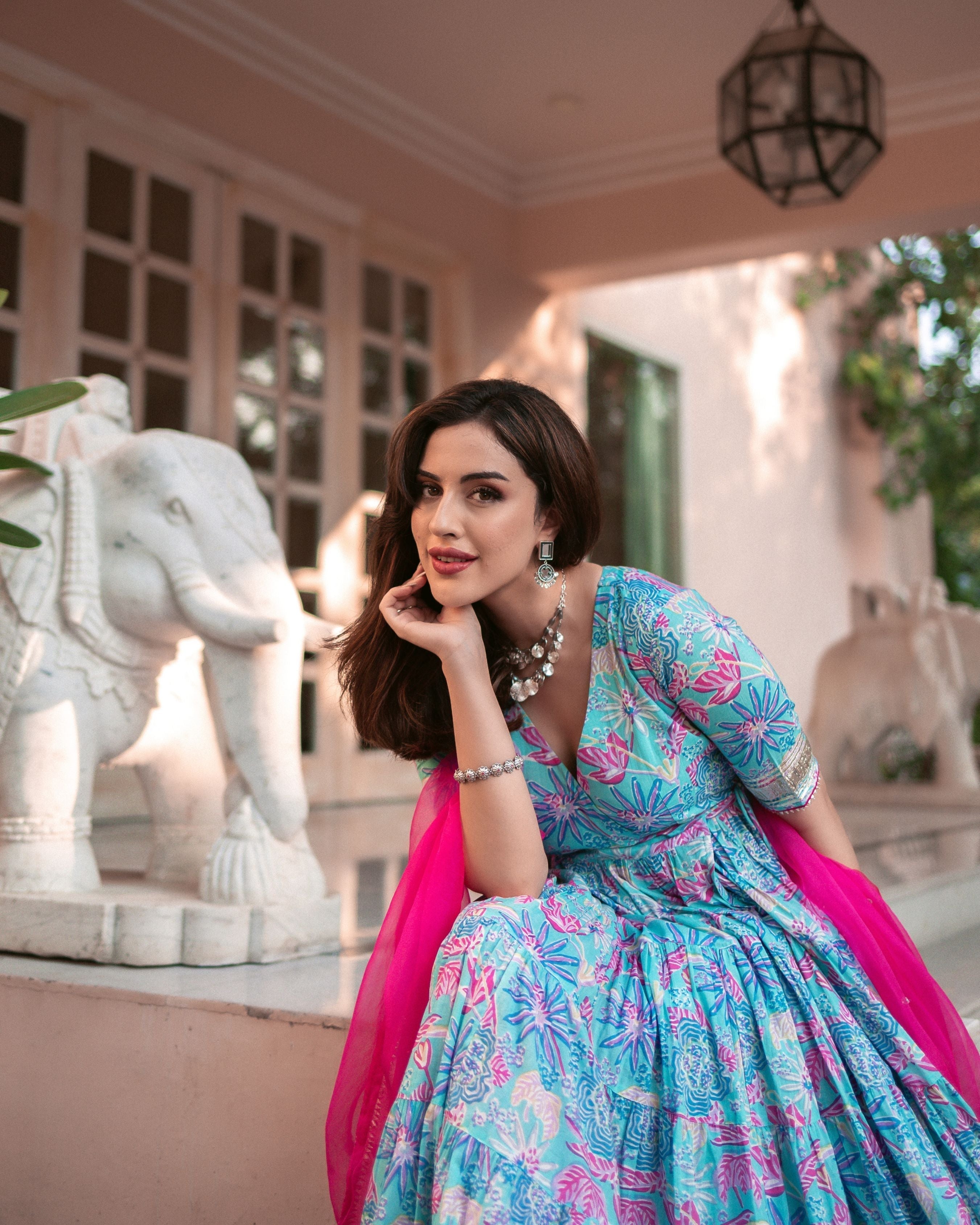 Blue Cotton Angrakha Suit Set with Gota Work and Organza Dupatta