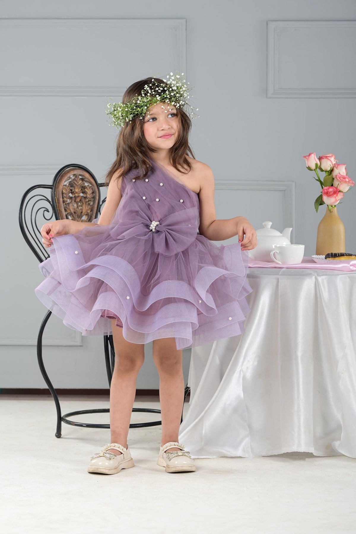 Tea Time Violet Elegance One-Shoulder Girls Party Dress