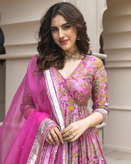 Pink Chanderi Angrakha Suit Set with Gota Work and Organza Dupatta