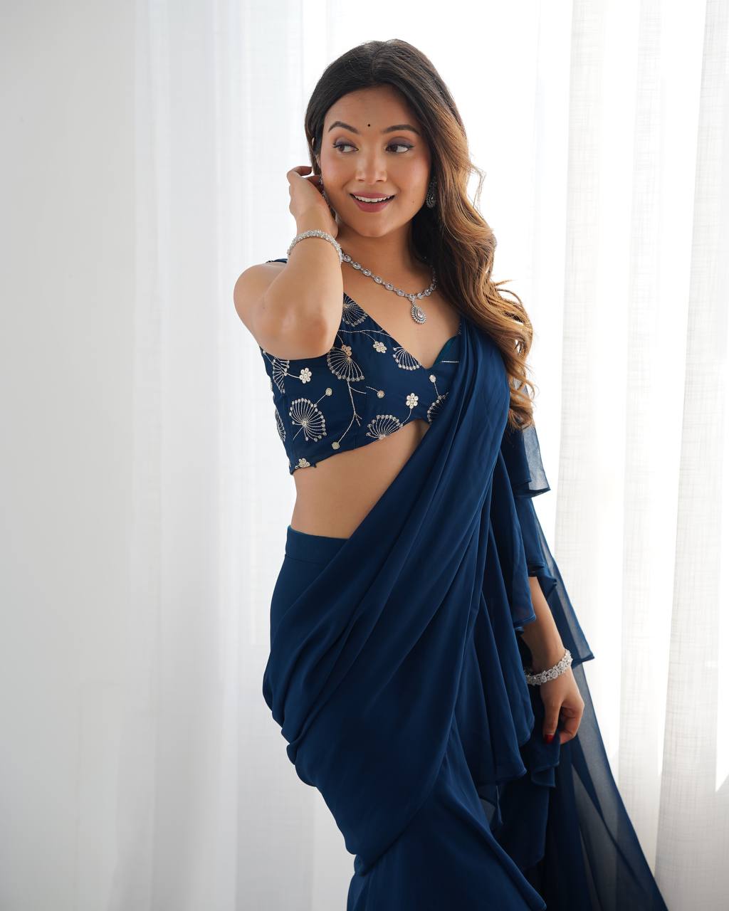 Vibrant Teal Blue Georgette Sharara Set with Sequins & Zari Embroidery