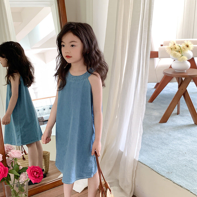 Sleeveless Denim Korean-Style Girls Dress – Casual Cotton Blend