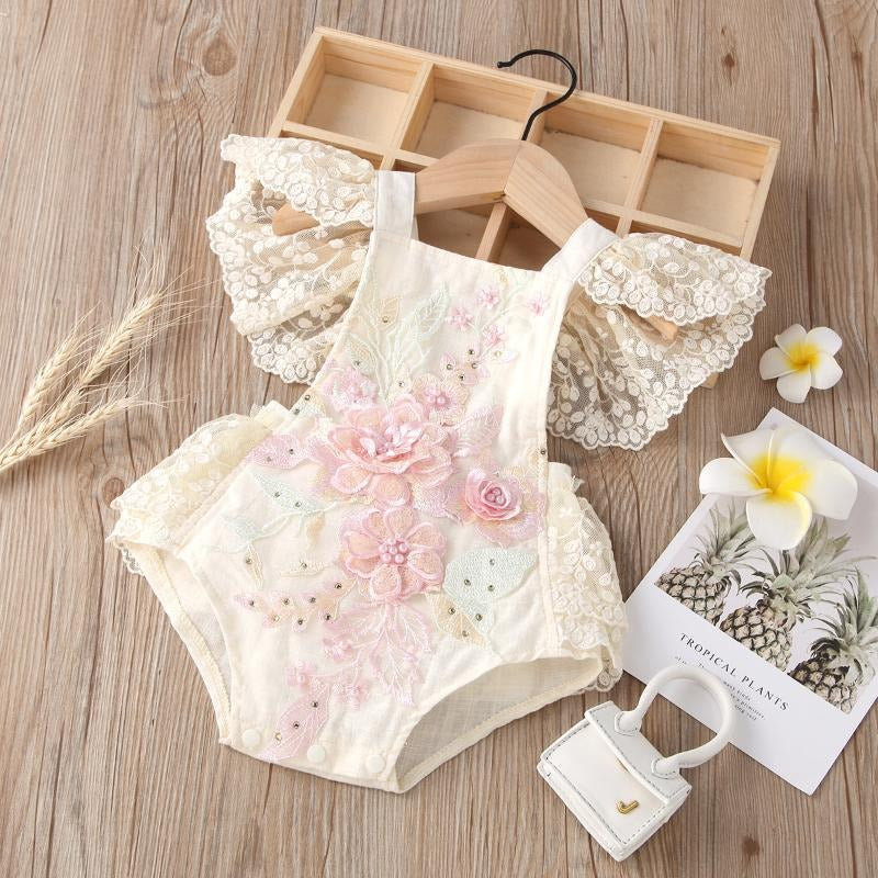 Enchanted Embroidered Lace Baby Girls Cotton Romper – Elegant and Comfortable Infant Outfit