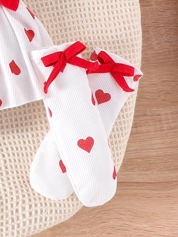 Polka Hearts Baby Girls Romper Dress Set with Socks and Head Bow – Soft Cotton Outfit