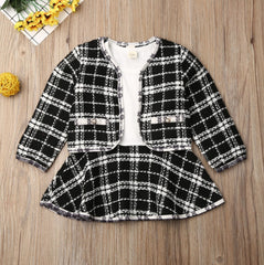 Black Fall Plaid Girls Dress with Jacket – Stylish Cotton Knitted Blend Outfit