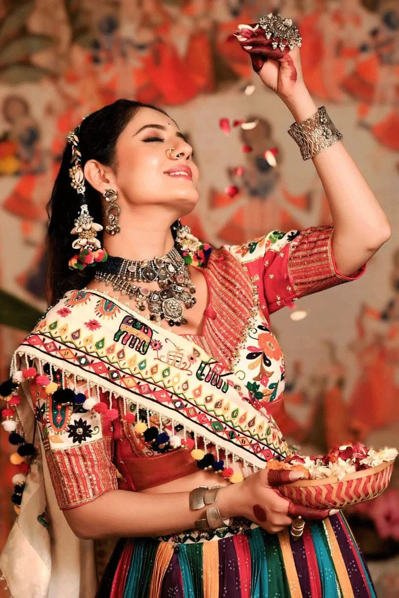 Digital Print Multicolor Real Mirror Work Chaniya Choli For Garba