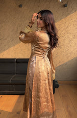 Elegant Crimson Red Jimmy Choo Satin Silk Anarkali Suit with Bell Sleeves & Embroidered Sequence Work