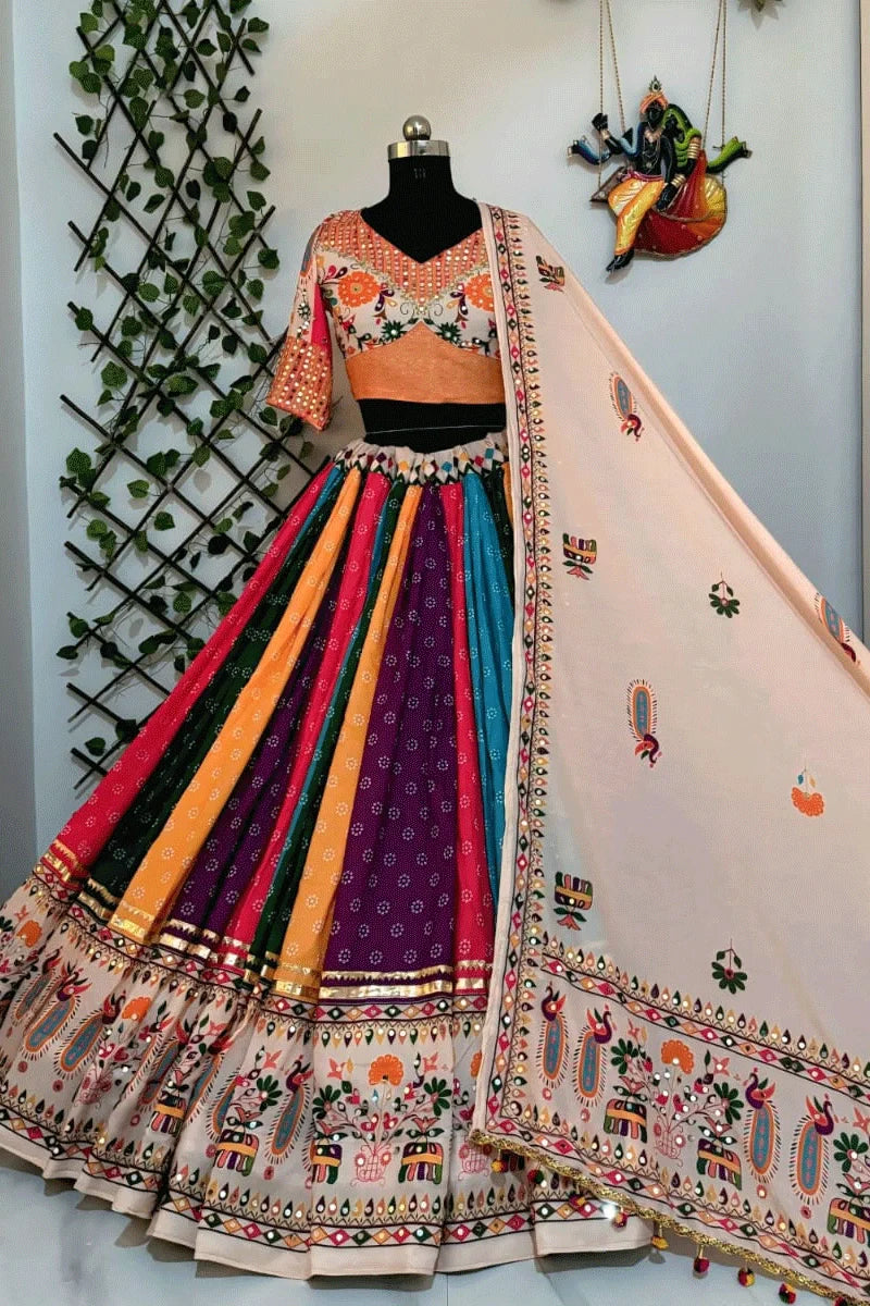 Digital Print Multicolor Real Mirror Work Chaniya Choli For Garba