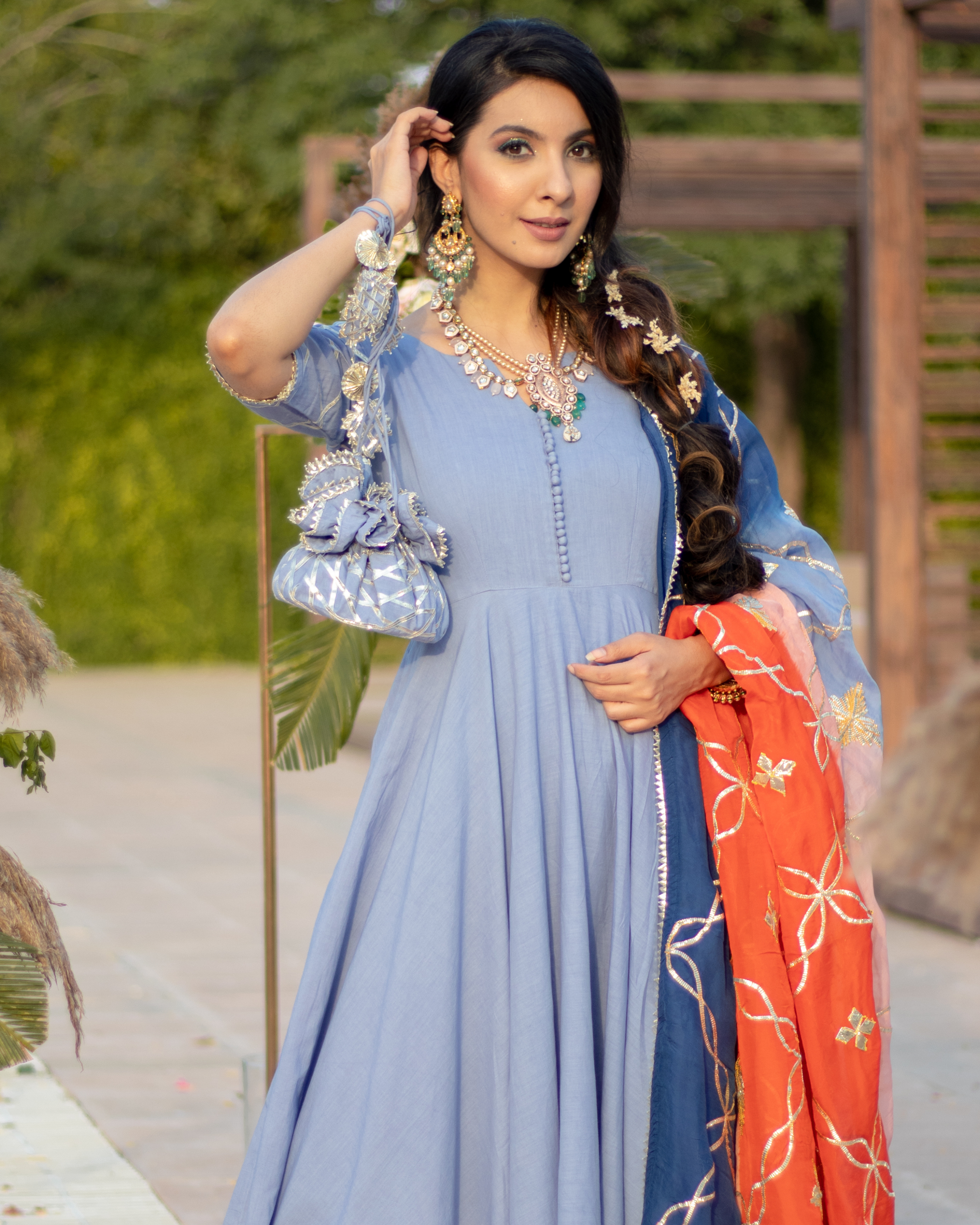 Dusty Blue Gota Suit Set With Gota Potli
