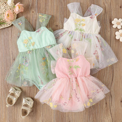 Flower Embroidered Girls Romper Dress – Soft Cotton Blend Outfit