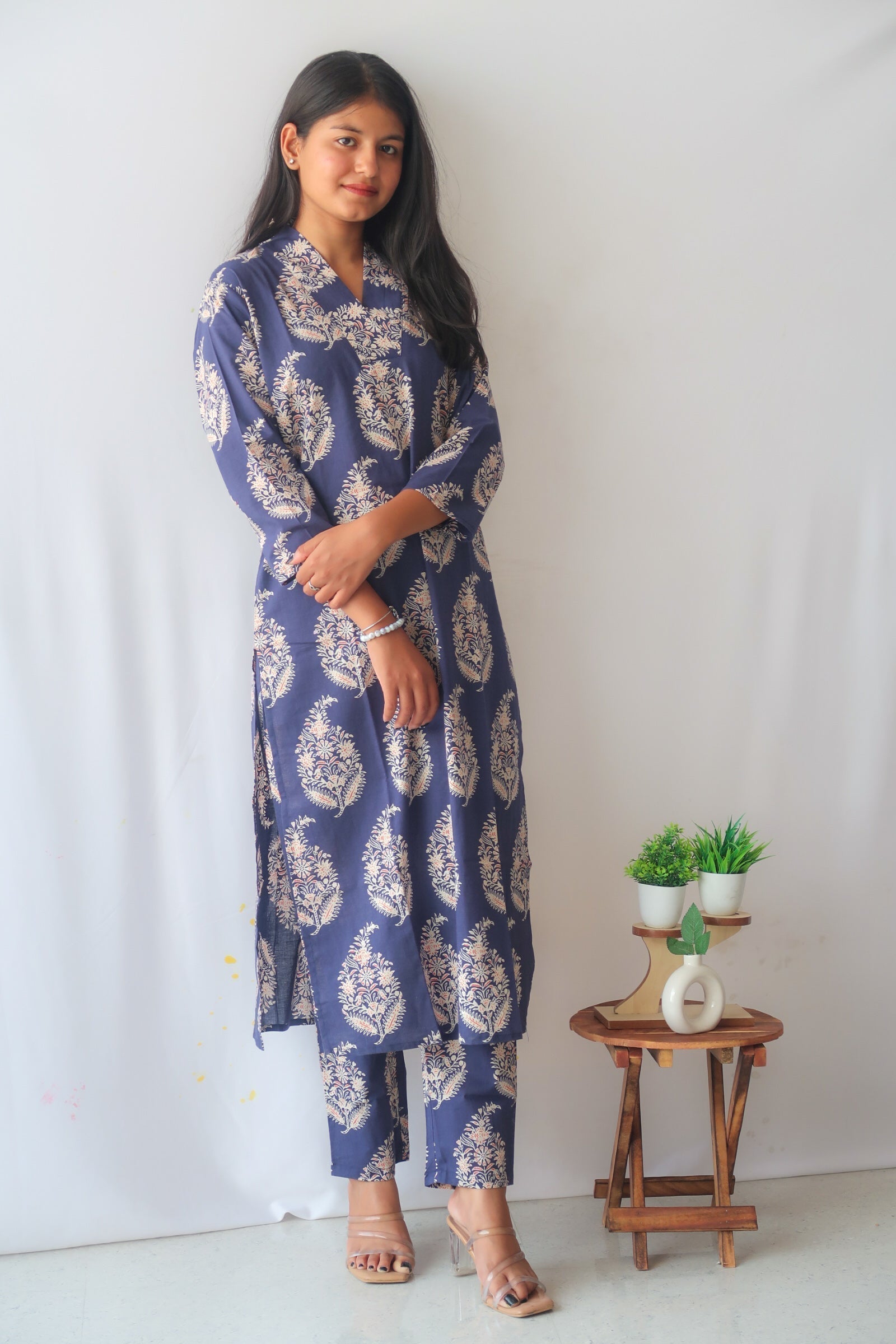 Navy Blossom V-Neck Suit Set