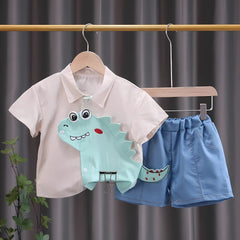 3D Dino Boys Collared Cotton Blend T-shirt and Bottom Set