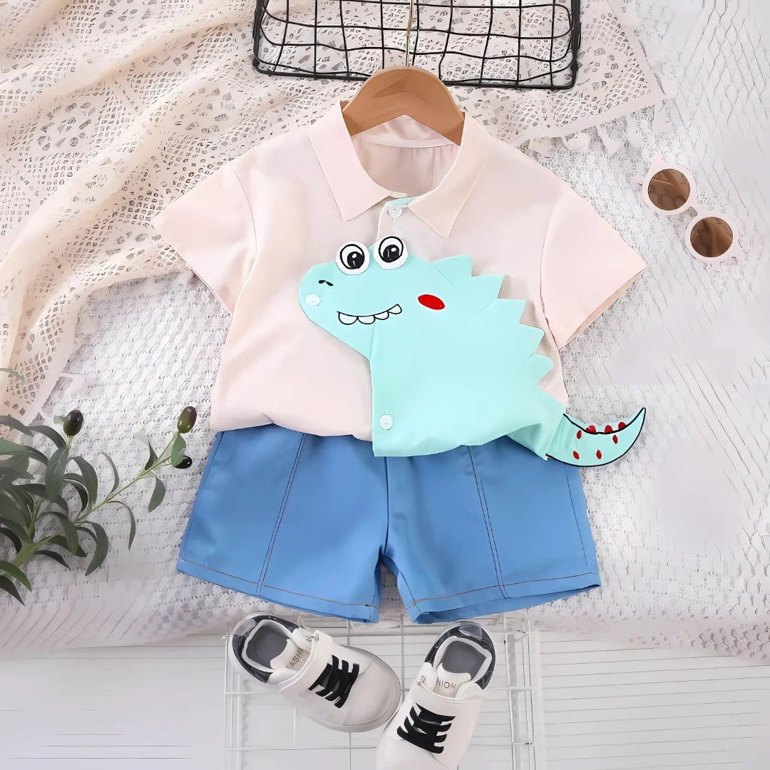 3D Dino Boys Collared Cotton Blend T-shirt and Bottom Set