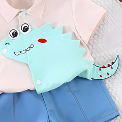 3D Dino Boys Collared Cotton Blend T-shirt and Bottom Set